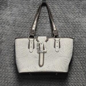 P&G Collection Western Shoulder Bag Medium Brown Cream Excellent Embossed Buckle